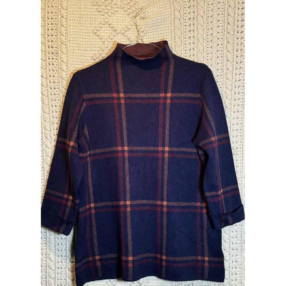 Max Studio Women's Top Sweater Short Sleeve Plaid Navy Multicolor Mock Neck Sz M